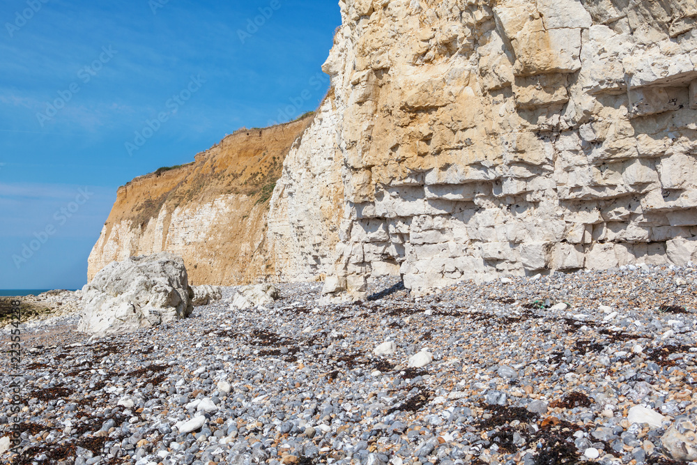 View of the white chalk cliff of Seaford Head, East Sussex, England, part of Seven Sisters National park, low tide, selective focus