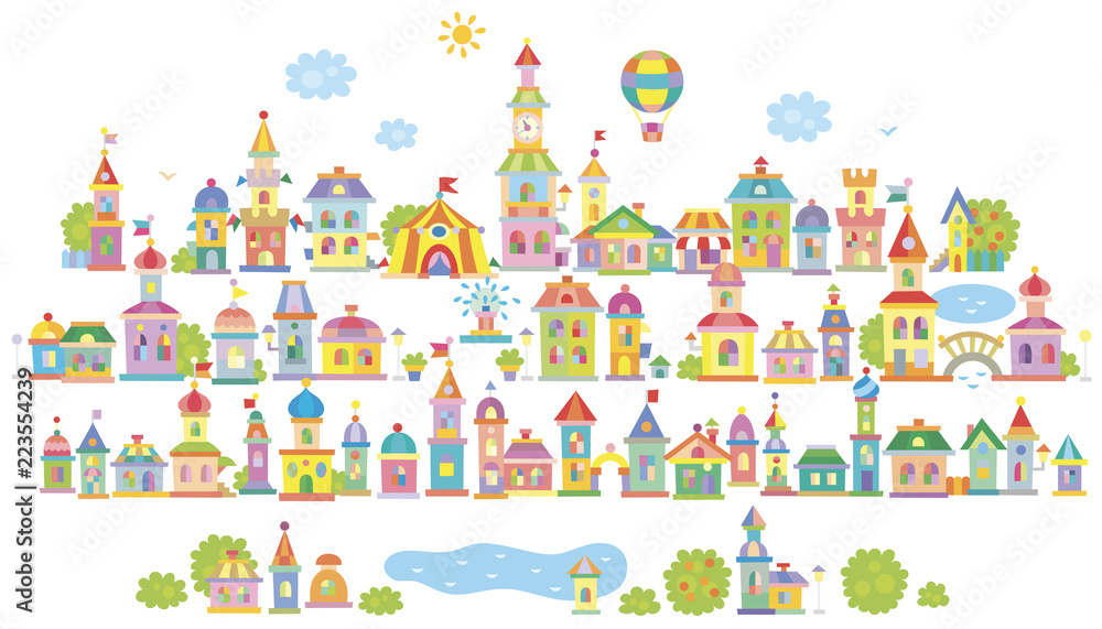 Toy town with a lake, small colorful houses and trees