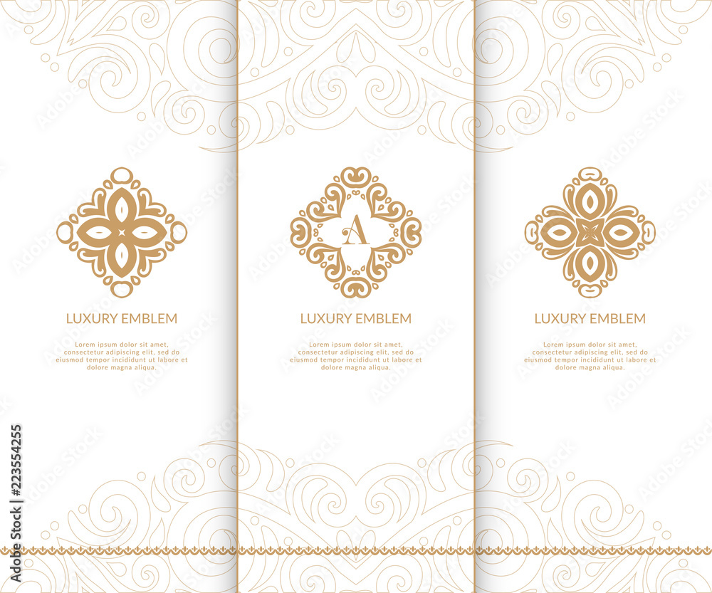 Set of vector emblem. Elegant, classic elements. Can be used for jewelry, beauty and fashion industry. Great for logo, monogram, invitation, flyer, menu, brochure, background, or any desired idea. Set of vector emblem. Elegant, classic elements. Can be used for jewelry, beauty and fashion industry. Great for logo, monogram, invitation, flyer, menu, brochure, background, or any desired idea.