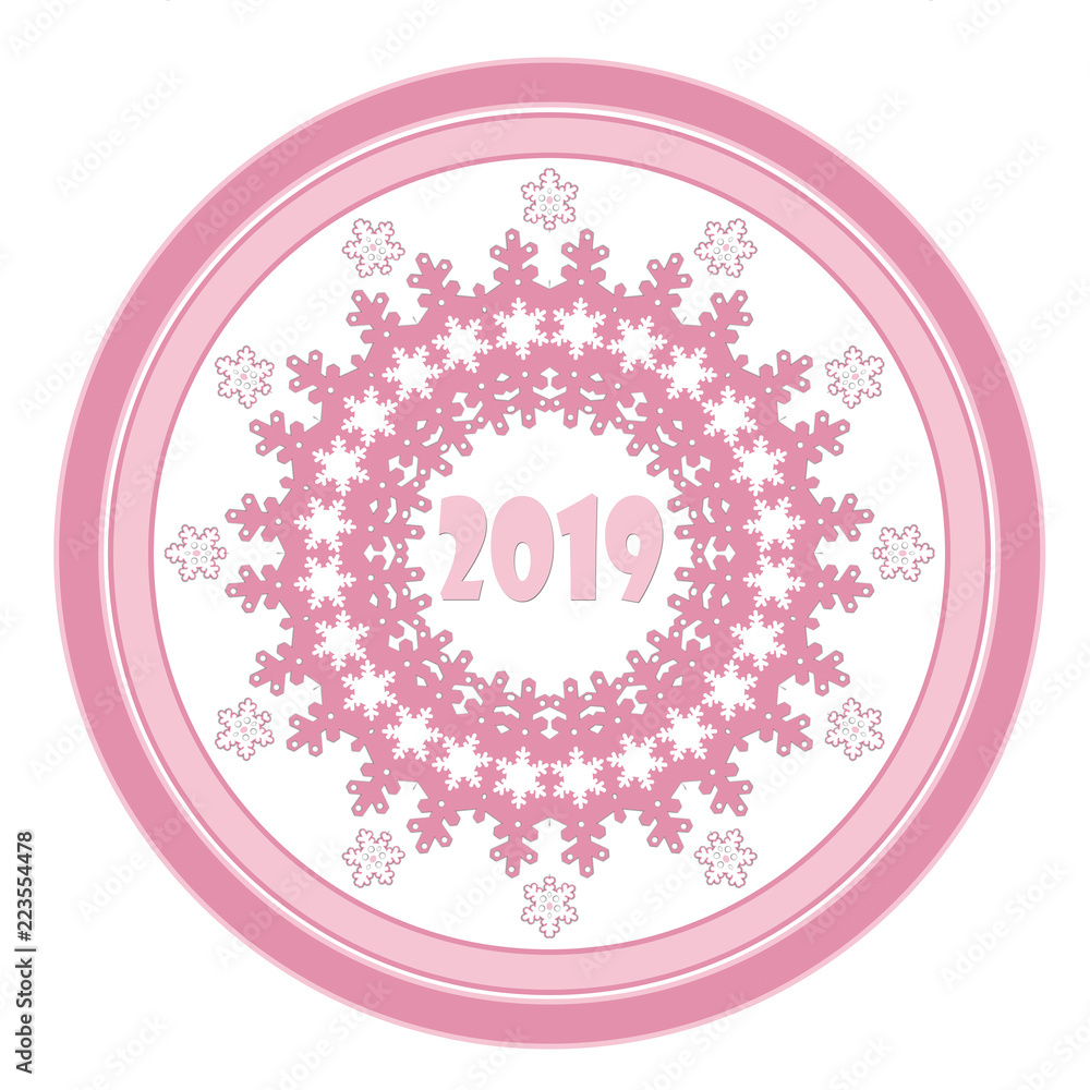 Naklejka premium Christmas circle pink snowflakes frame on white