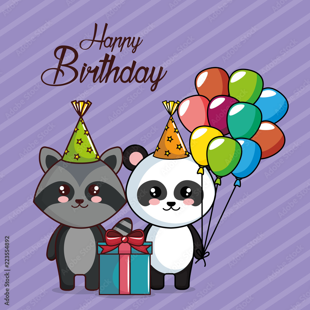 happy birthday card with panda and raccoon