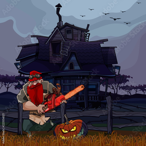 cartoon man with a chainsaw and a Halloween pumpkin next to the house
