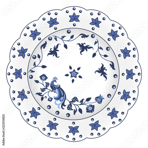 Decorative porcelain plate ornate in traditional Russian style Gzhel