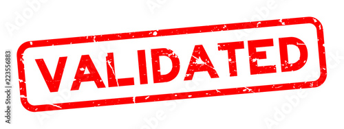 Grunge red validated word square rubber seal business stamp on white background