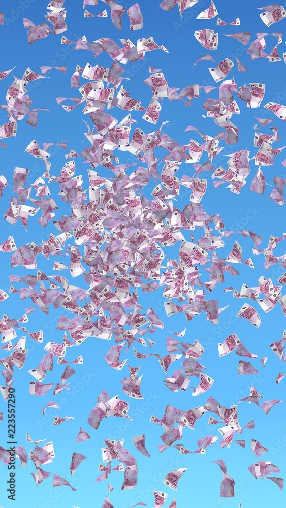 Flying euro banknotes against the sky background. Money is flying in the air. 500 EURO in color. 3D illustration Flying euro banknotes against the sky background. Money is flying in the air. 500 EURO in color. 3D illustration