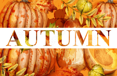 Pumpkin watercolor autumn banner Vector. Fall season painted style illustrations