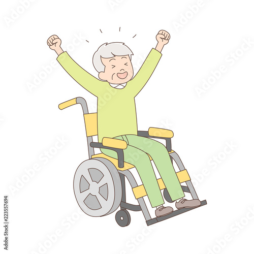 車椅子_喜ぶ_全身_シニア男性