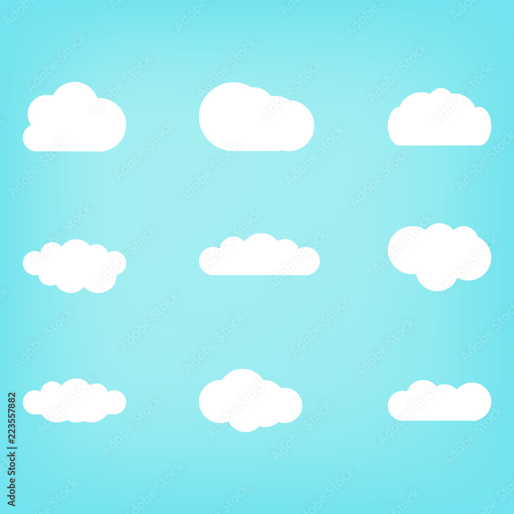 Set of white clouds on a blue background. Flat style