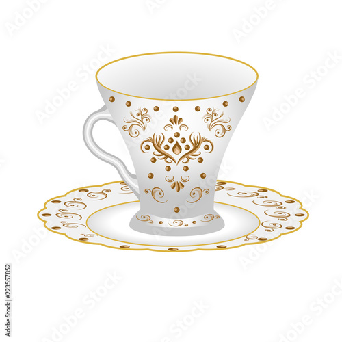 Decorative porcelain tea party set, cup and saucer in oriental style