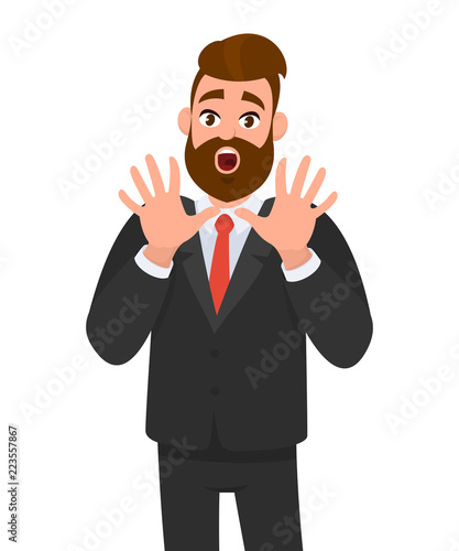 Businessman looking shocked, scared trying to protect himself in anticipation of unpleasant situation, isolated white background. Emotion and body language concept illustration in cartoon vector.