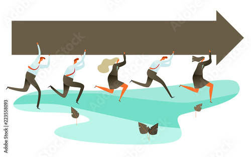 Businessman running and holding the brown arrow, Vector Illustration. Business growth with teamwork