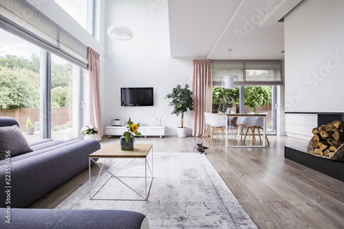 Real photo of a dining area, television and gray couch in open space living room interior © Photographee.eu