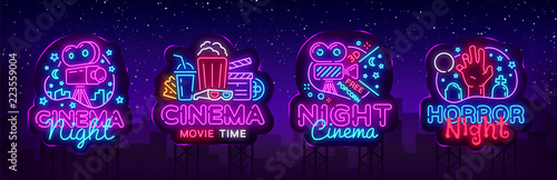Cinema night set neon sing, label and logo. Cinema banner Design template, logo, emblem and label. Bright signboard, nightly bright advertising. Movie logo. Vector illustration. Billboard