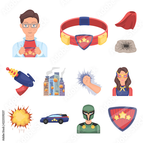A fantastic superhero cartoon icons in set collection for design. Superhero s equipment vector symbol stock web illustration.