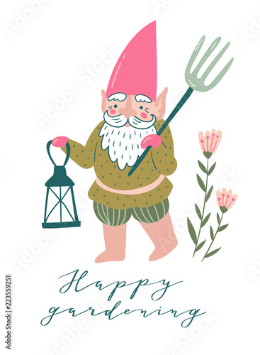Cute garden gnome with a pitchfork and torch. Vector illustration in hand drawn style with phrase - 'Happy gardening'.