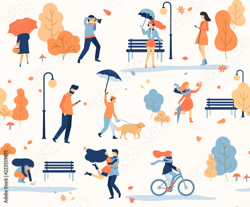 Autumn seamless pattern with people walking in park. Flat design.