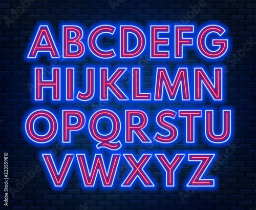 Red blue neon alphabet on a dark background . Capital letter.