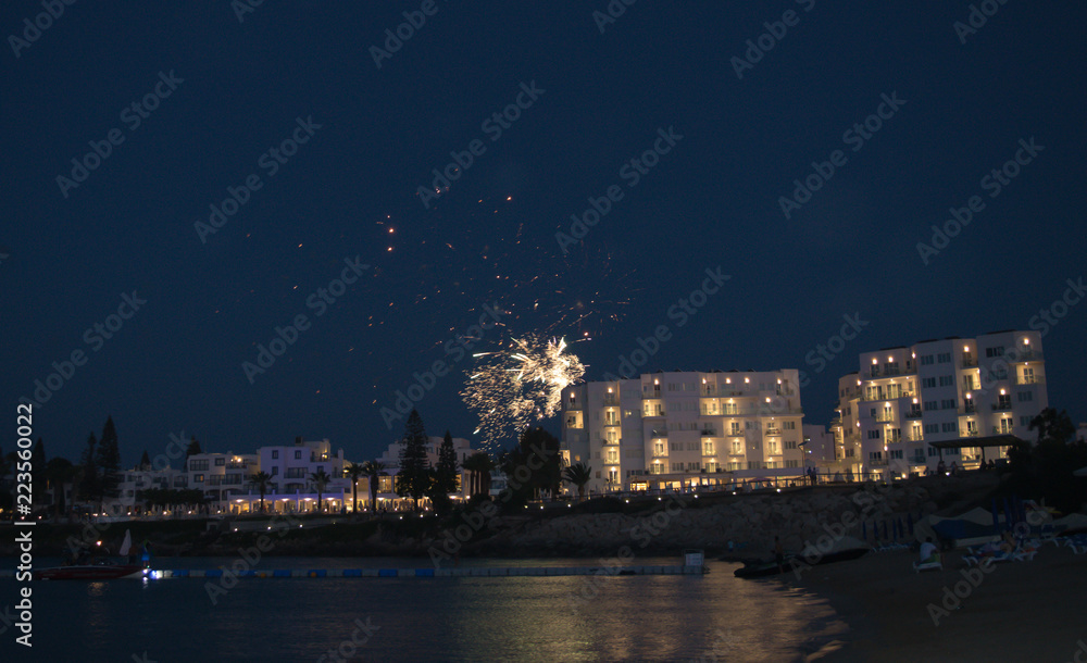 Colorful fireworks on the beach in Protaras, Cyprus on June 09, 2018. 