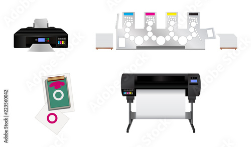Vector set of different printing machines – silk screen printing, large inkjet plotter, offset and home digital inkjet printer. Icons for printing house, printing plant or graphic studio.