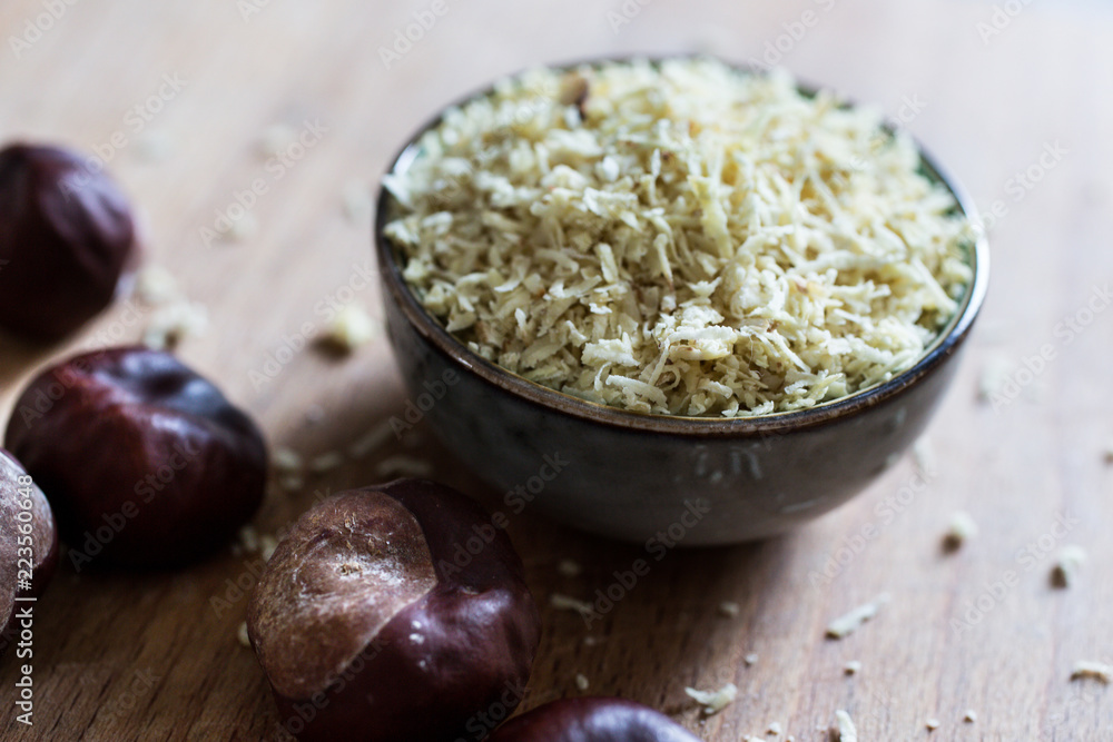 macro still of natural biological washing powder made of chestnuts