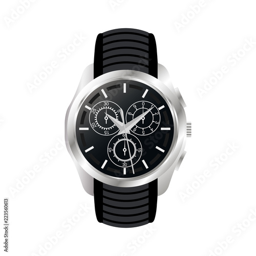 Realistic watch chronograph stainless steel black rubber clockwise red white fashion for men design luxury isolated vector illustration.