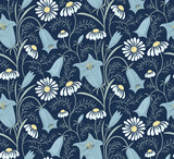 Floral vector pattern with bluebells and daisies on dark background. Botanical ornament in vintage style for wallpaper or fabric.