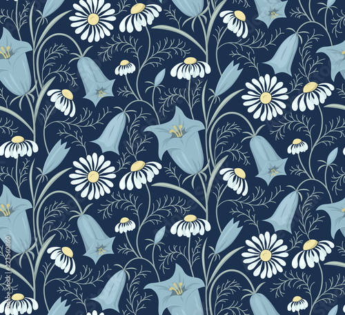 Floral vector pattern with bluebells and daisies on dark background. Botanical ornament in vintage style for wallpaper or fabric.