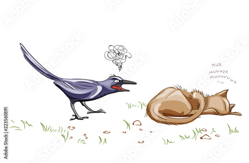 Crow screaming at a lazy cat Vector. cartoon style illustrations
