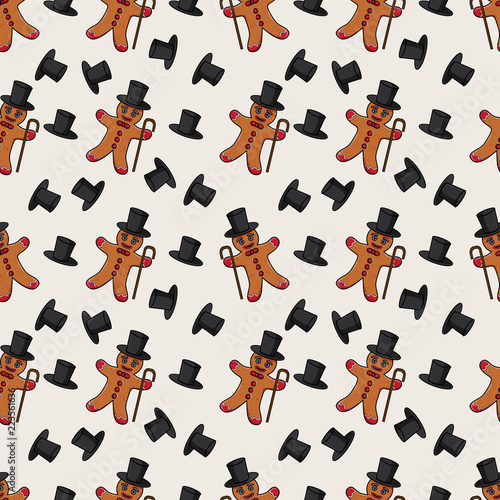 seamless pattern illustration of gingerbread man in a cylinder with a cane and just nothing