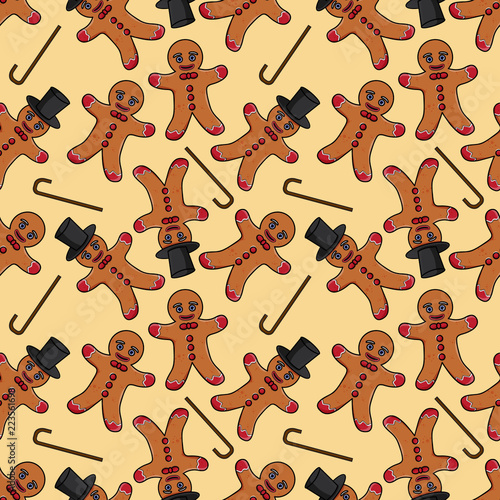 seamless pattern_1_illustration of gingerbread man in a cylinder with a cane and just nothing