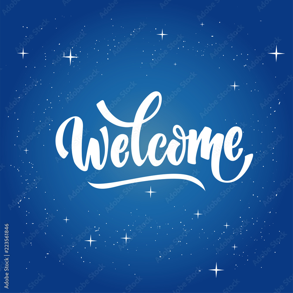 welcome lettering text. Modern calligraphy style illustration red and blue