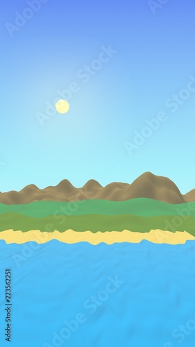 Sun Sea Beach. Noon. Ocean shore line with waves on a beach. Island beach paradise with waves. Vacation  summer  relaxation. Seascape  seashore. Minimalist landscape  primitivism. 3D illustration