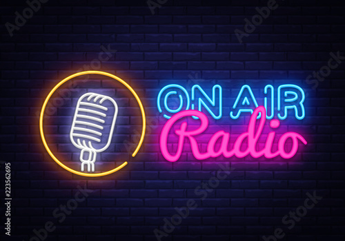On Air Radio Neon Logo Vector. On Air Radio neon sign, design template, modern trend design, night neon signboard, night bright advertising, light banner, light art. Vector illustration
