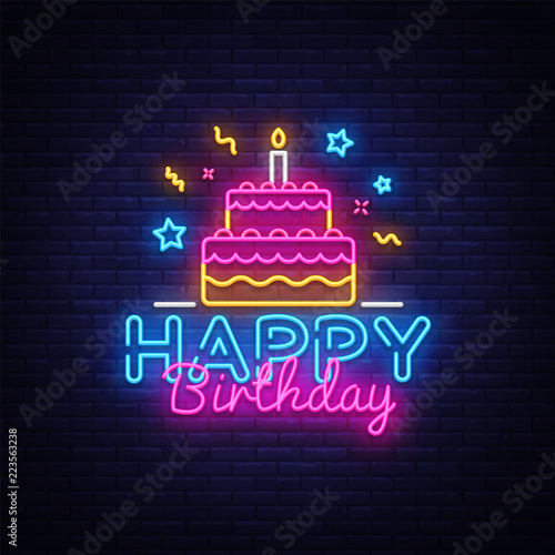 Happy Birthday Neon Text Vector. Happy Birthday neon sign, design template, modern trend design, night neon signboard, night bright advertising, light banner, light art. Vector illustration