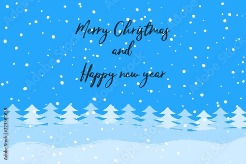 Merry Christmas and Happy New Year typography on winter landscape with fir trees and snow.