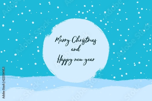 Merry Christmas and Happy New Year typography on winter landscape with snowball.