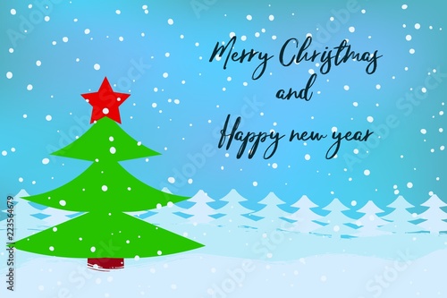 Merry Christmas and Happy New Year typography on winter landscape with fir trees and snow.