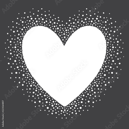 Heart shape snow frame with space for text. Winter Valentines day frame made of fading spots, dot snowflakes, pearls, beads of various size. New Year, Christmas black and white abstract background.