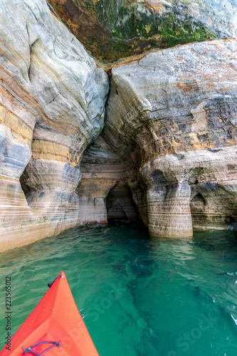 Kayaking in Lake Superior Sea Cavern at Pictured Rocks