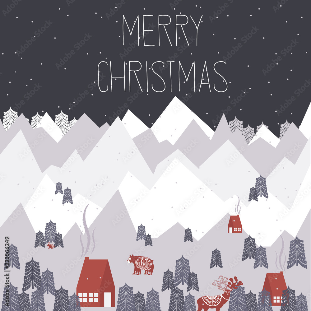 Cute Merry Christmas greeting card with winter landscape and elements in the Scandinavian style. Editable vector illustration