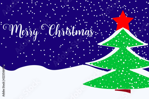 Merry Christmas greeting card with Christmas tree and falling snow.