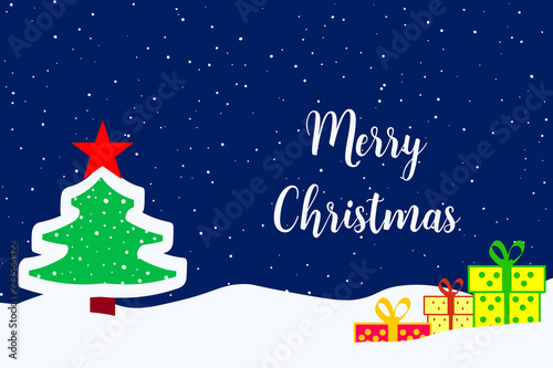 Merry Christmas greeting card with Christmas tree, gift boxes and falling snow.