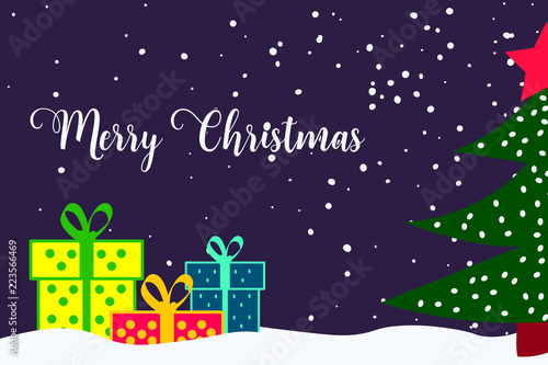 Merry Christmas greeting card with Christmas tree, gift boxes and falling snow.