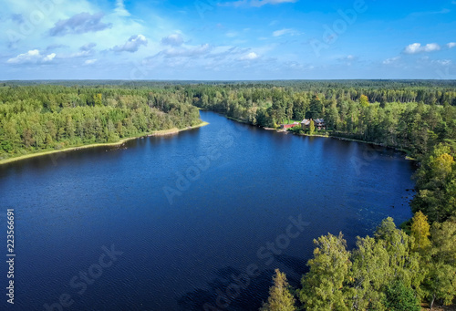 Fototapeta Naklejka Na Ścianę i Meble -  Aerial landscape over Swedish lake in September