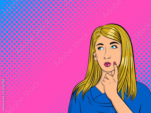 Thoughtful girl. Woman in comic style. Pop Art vintage vector illustration