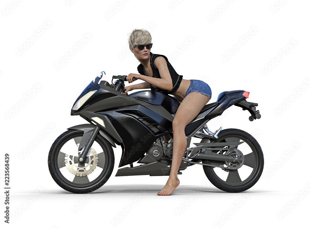 3d illustration of a woman with short blonde hair wearing sunglasses and cut off blue jean shorts and a black atop a motorcycle