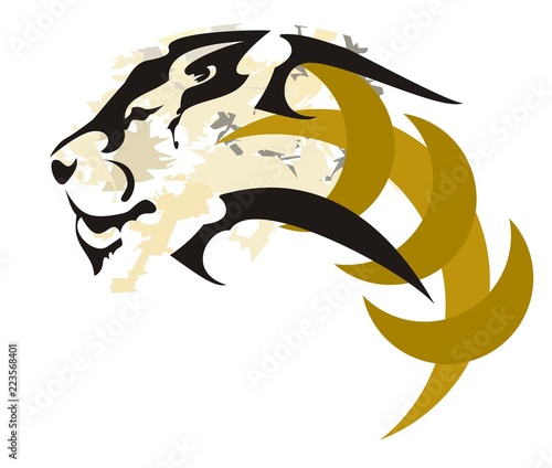Fototapeta Naklejka Na Ścianę i Meble -  Abstract tribal lion head symbol. Beautiful lion head splash with gold stripe isolated on a white background for your design