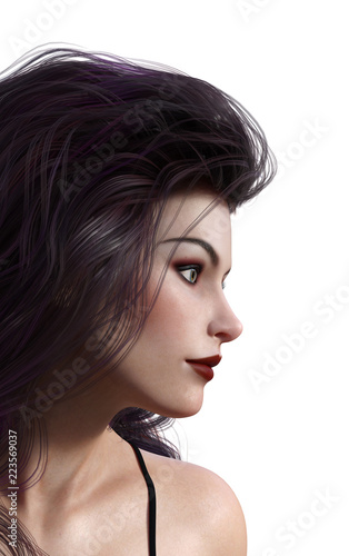 3d illustration portrait of a beautiful woman with gold flecked eyes and purple tinted hair on a white background.