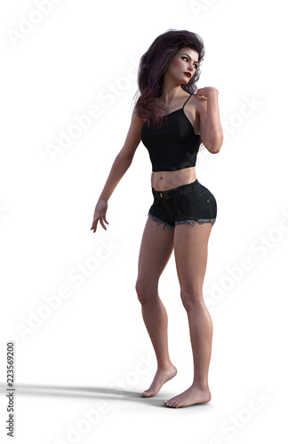 3d illustration of a beautiful brunette woman standing looking over her shoulder on a white background. photo
