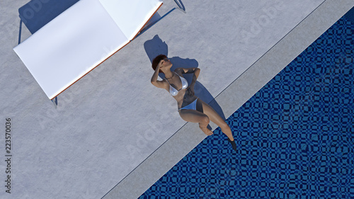 Obraz na plátně Overhead 3d illustration of a women wearing a white bikini dozing with a foot in a pool at a resort setting